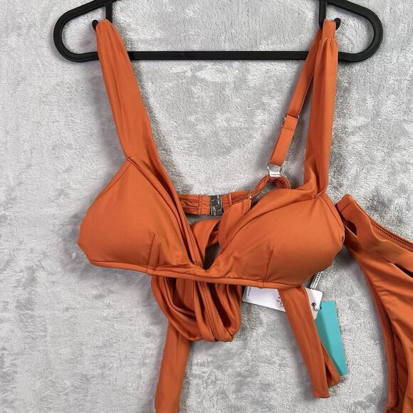 SeaFolly Australia Bikini Swimsuit Size 10 Orange/Rust Wrap Top Strappy Bottoms - Picture 2 of 12